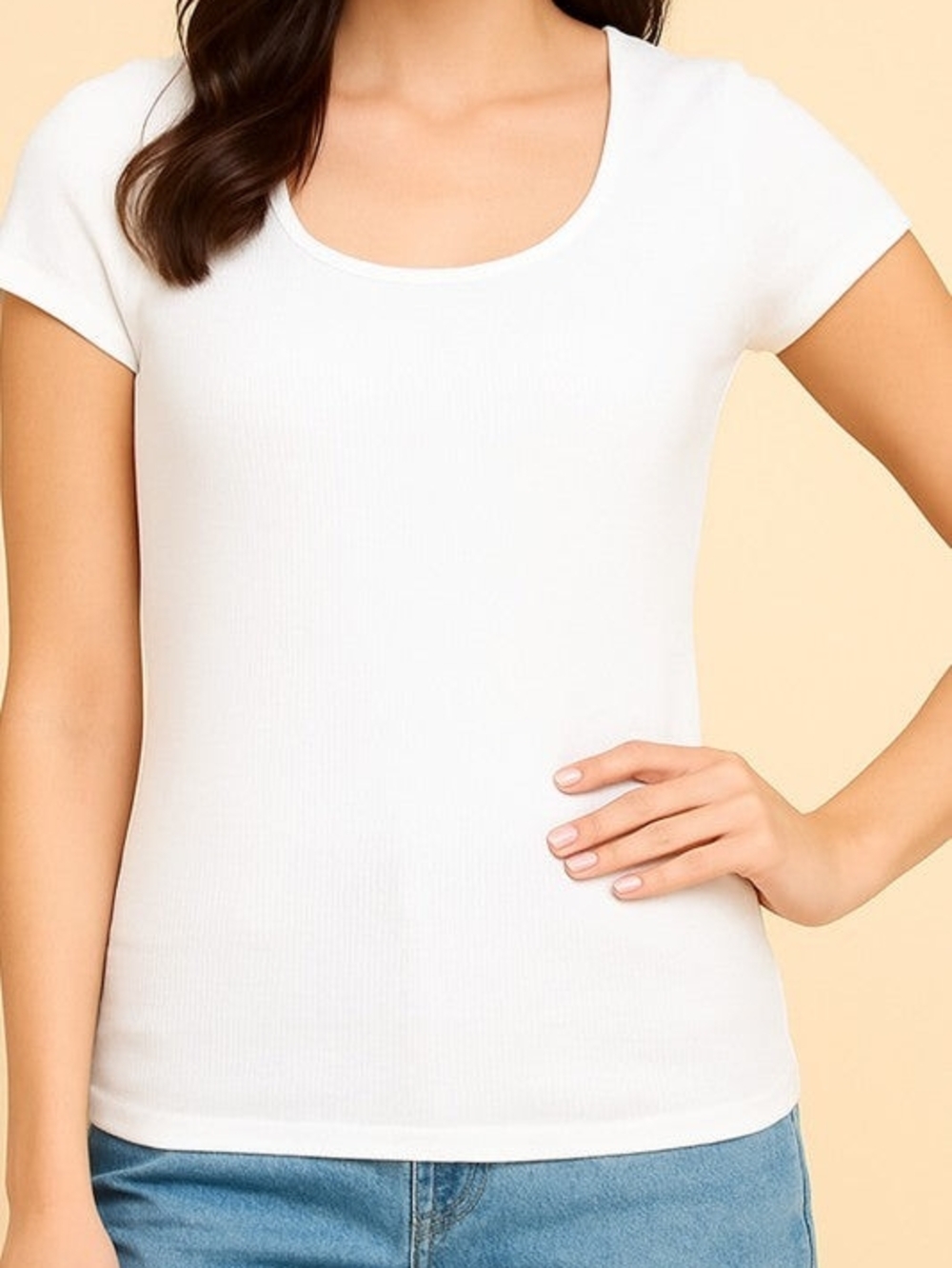 White Scoop Neck Ribbed Short Sleeve Tee